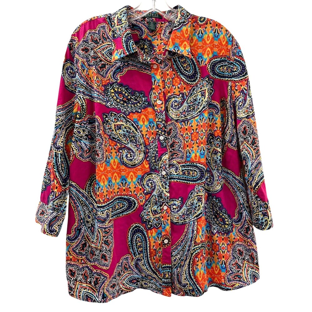 Lauren Ralph Lauren Women Colorful Button Up Shirt Size 3X Artsy Hippie Boho
